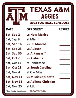 Texas A&M Aggies Football 2023 Printable Schedule  - Style 2