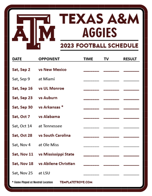 Texas A&M Aggies Football 2023 Printable Schedule - Style 3