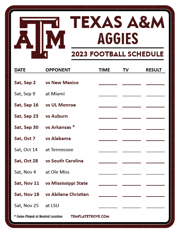 Printable 2023 Texas A&M Aggies Football Schedule