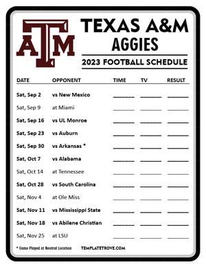 Texas A&M Aggies Football 2023 Printable Schedule - Style 4