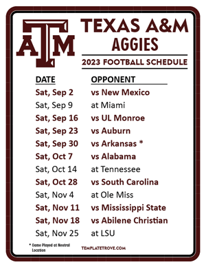 Texas A&M Aggies Football 2023 Printable Schedule