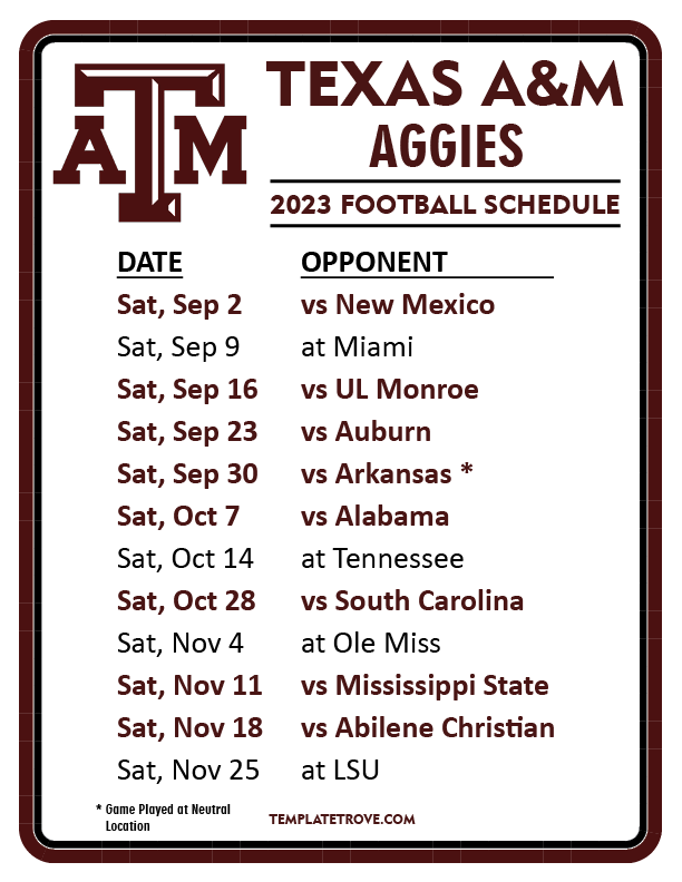 Printable 2023 Texas A M Aggies Football Schedule