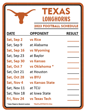 Texas Longhorns Football 2023 Printable Schedule  - Style 2