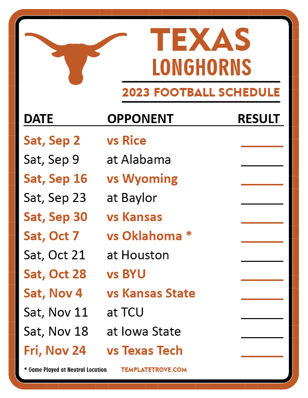 Printable 2023 Texas Longhorns Football Schedule