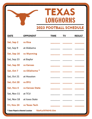 Texas Longhorns Football 2023 Printable Schedule - Style 3