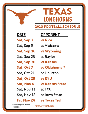 Texas Longhorns Football 2023 Printable Schedule