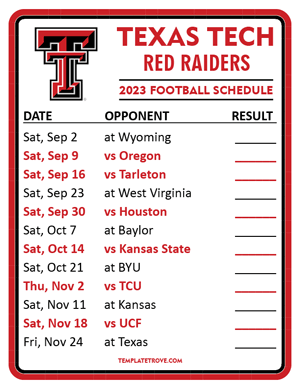 Texas Tech Red Raiders Football 2023 Printable Schedule  - Style 2