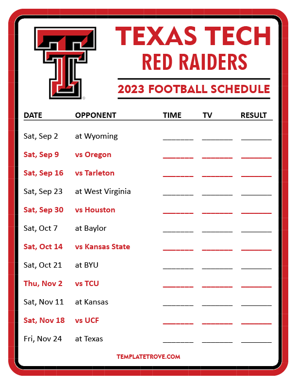 Printable 2023 Texas Tech Red Raiders Football Schedule