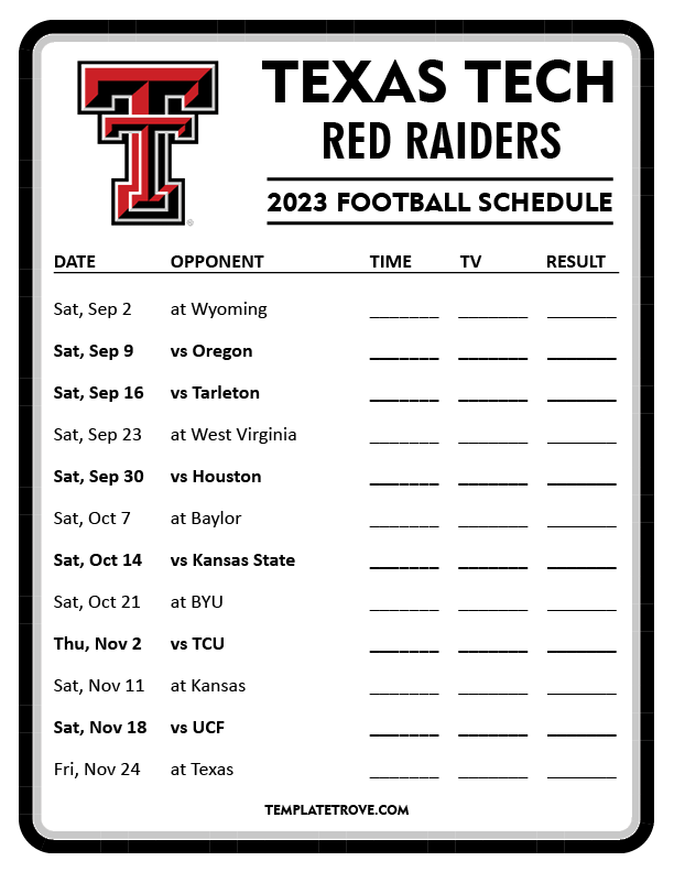 Texas Tech Football Schedule Printable