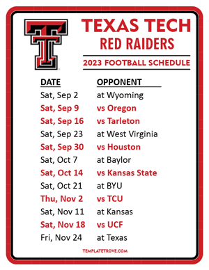 Texas Tech Red Raiders Football 2023 Printable Schedule