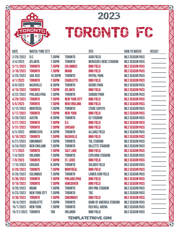 Printable2023 Toronto FC Soccer Schedule