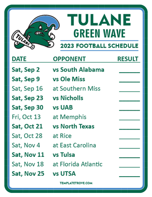 Tulane Green Wave Football 2023 Printable Schedule  - Style 2