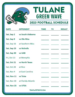 Tulane Green Wave Football 2023 Printable Schedule - Style 3