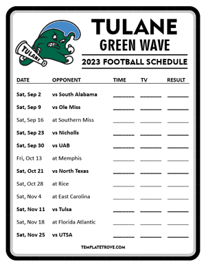 Tulane Green Wave Football 2023 Printable Schedule - Style 4
