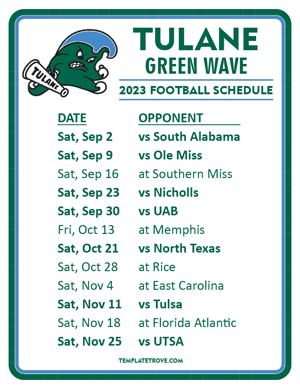 Tulane Green Wave Football 2023 Printable Schedule