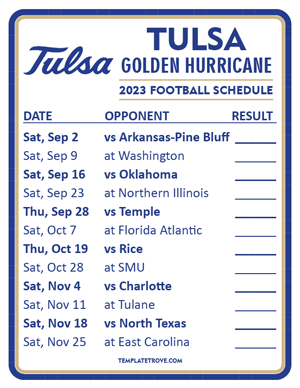 Tulsa Golden Hurricane Football 2023 Printable Schedule  - Style 2