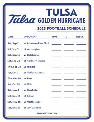 Tulsa Golden Hurricane Football 2023 Printable Schedule - Style 3