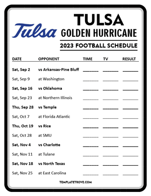 Tulsa Golden Hurricane Football 2023 Printable Schedule - Style 4