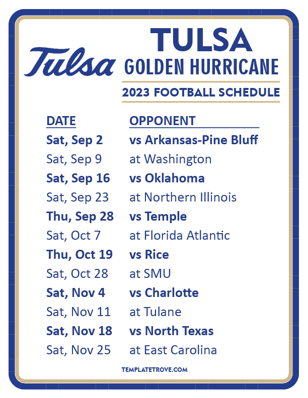 Printable 2023 Tulsa Golden Hurricane Football Schedule