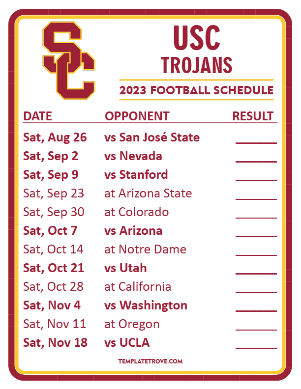 Printable 2023 USC Trojans Football Schedule