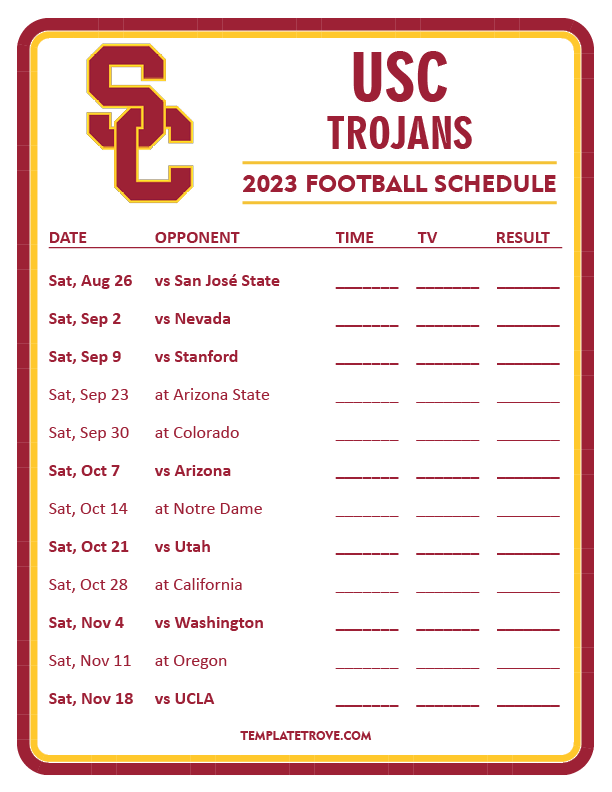 Printable 2023 USC Trojans Football Schedule