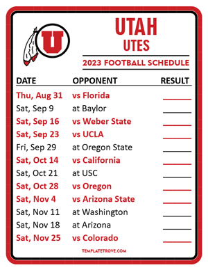 Utah Utes Football 2023 Printable Schedule  - Style 2