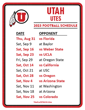Utah Utes Football 2023 Printable Schedule