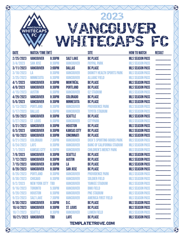 Printable2023 Vancouver Whitecaps FC Soccer Schedule