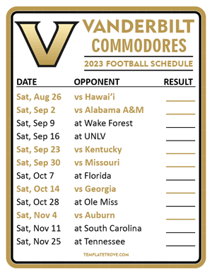 Vanderbilt Commodores Football 2023 Printable Schedule  - Style 2