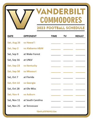 Vanderbilt Commodores Football 2023 Printable Schedule - Style 3