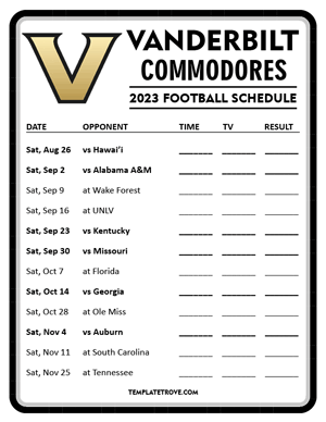 Vanderbilt Commodores Football 2023 Printable Schedule - Style 4