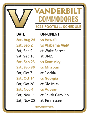 Vanderbilt Commodores Football 2023 Printable Schedule