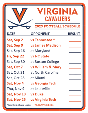 Virginia Cavaliers Football 2023 Printable Schedule  - Style 2