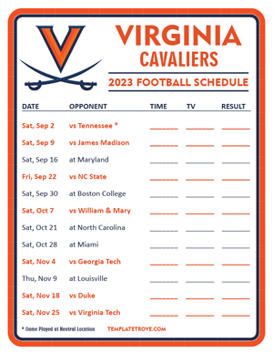 Virginia Cavaliers Football 2023 Printable Schedule - Style 3