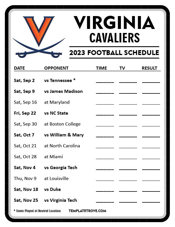 Printable 2023 Virginia Cavaliers Football Schedule
