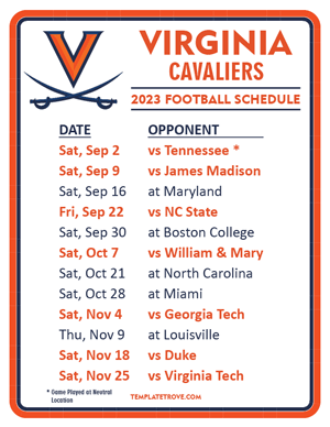 Virginia Cavaliers Football 2023 Printable Schedule