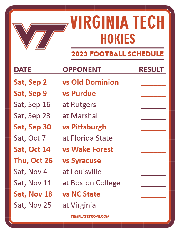 Printable 2023 Virginia Tech Hokies Football Schedule