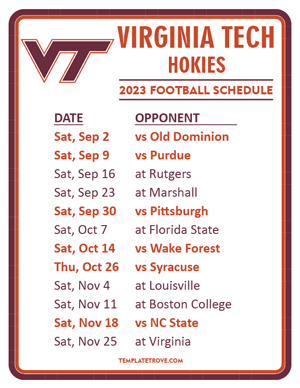 Virginia Tech Hokies Football 2023 Printable Schedule