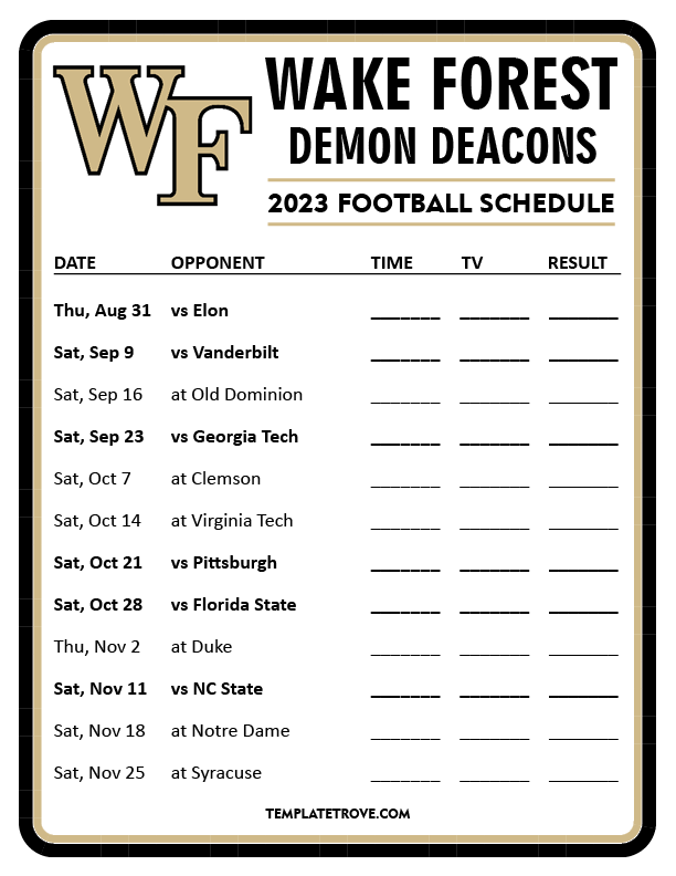 Printable 2023 Wake Forest Demon Deacons Football Schedule