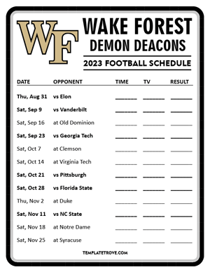 Wake Forest Demon Deacons Football 2023 Printable Schedule - Style 4