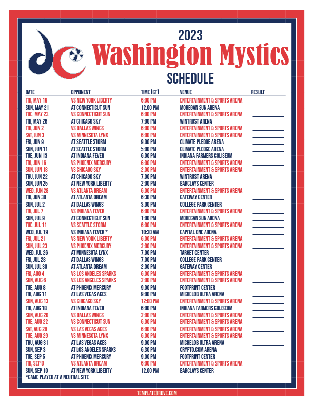 Printable2023 Washington Mystics Basketball Schedule