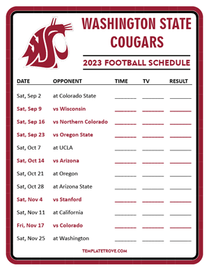 Washington State Cougars Football 2023 Printable Schedule - Style 3