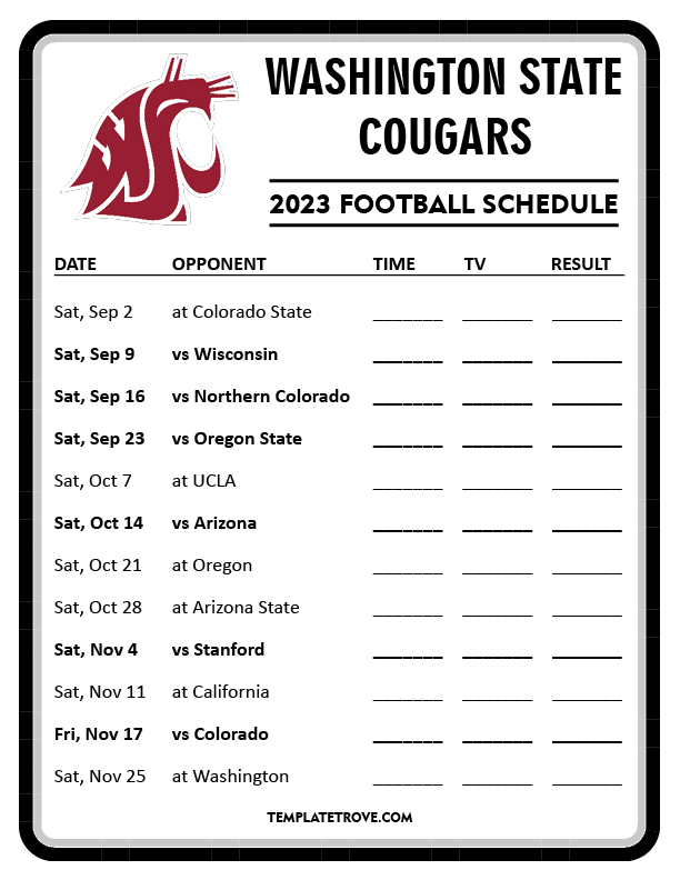 Printable 2023 Washington State Cougars Football Schedule