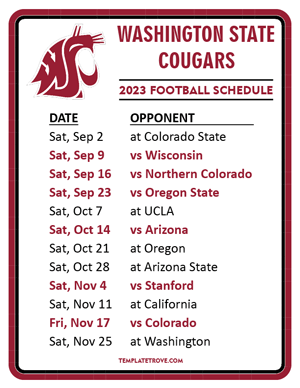 Washington State Cougars Football 2023 Printable Schedule