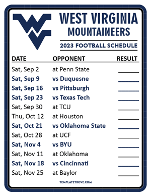 West Virginia Mountaineers Football 2023 Printable Schedule  - Style 2