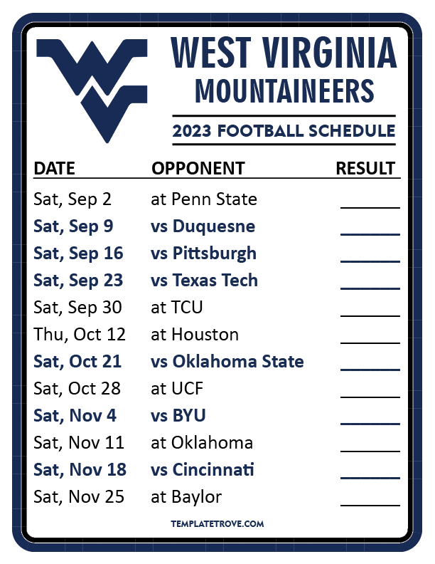 Printable 2023 West Virginia Mountaineers Football Schedule