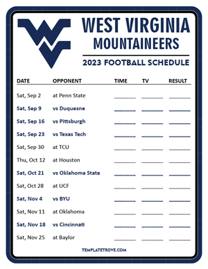 West Virginia Mountaineers Football 2023 Printable Schedule - Style 3