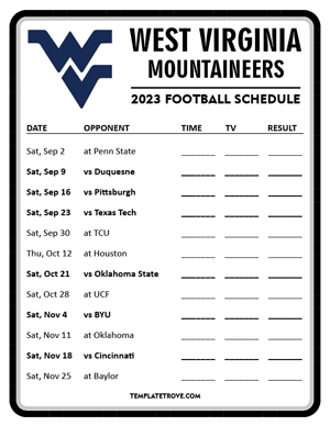 West Virginia Mountaineers Football 2023 Printable Schedule - Style 4