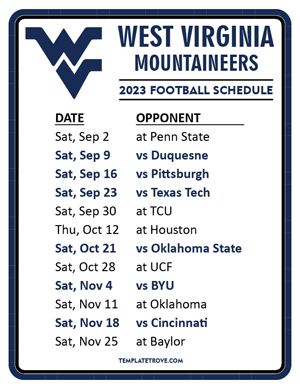 West Virginia Mountaineers Football 2023 Printable Schedule