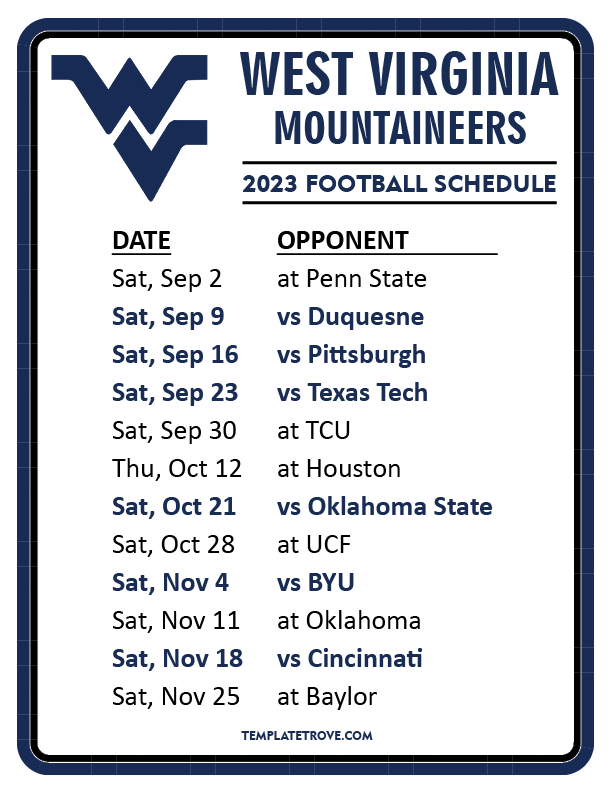 Wvu Printable Football Schedule